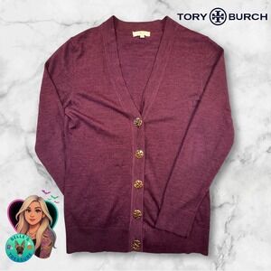 Tory Burch Women's Medium Gold Button Up Merino Wool V Neck Cardigan Sweater Red